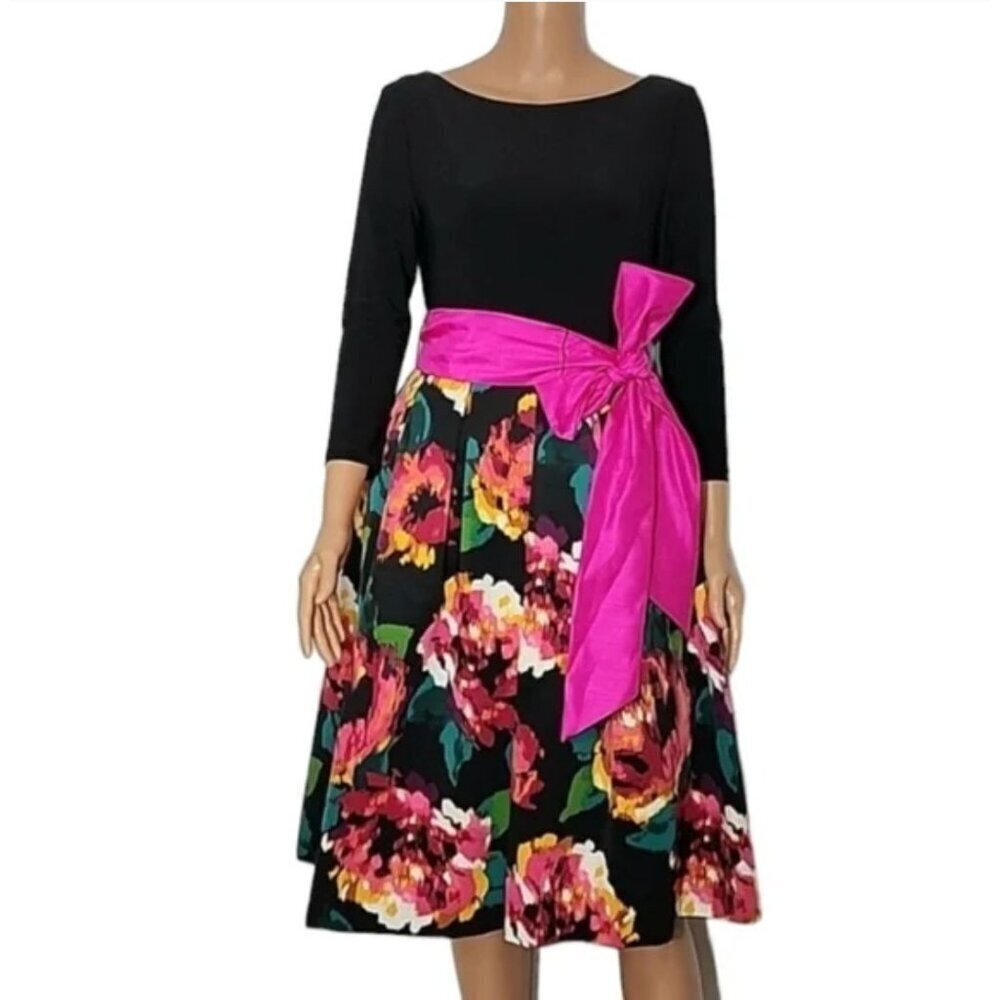 Eliza J Fallie Fit and Flare Floral Jersey Tea Length Belted Dress Womens 14